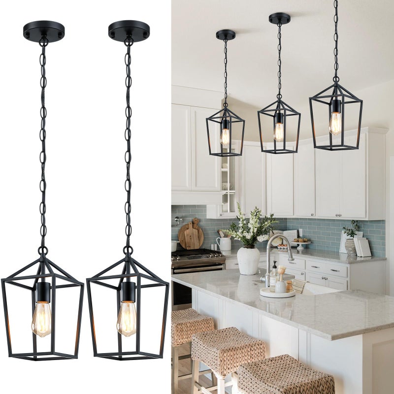 Sheetea 2-Pack Farmhouse Pendant Lights Kitchen Island, Black Pendant Light Fixtures Hanging Lamp for Dining Room, Modern Kitchen Pendant Lighting Over Island, Metal Cage Design - Image 1