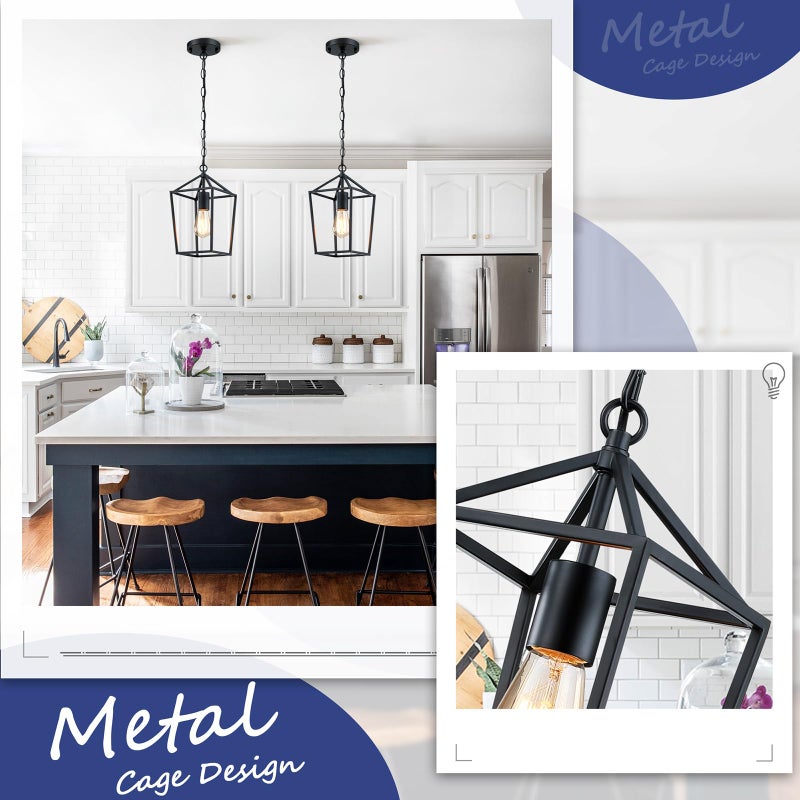 Sheetea 2-Pack Farmhouse Pendant Lights Kitchen Island, Black Pendant Light Fixtures Hanging Lamp for Dining Room, Modern Kitchen Pendant Lighting Over Island, Metal Cage Design - Image 4