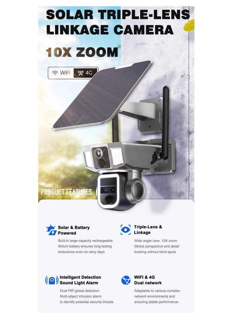 Crony - CRONY Y7A 4G-WiFi-4K-8MP(10X) Solar Triple-lens Linkage Camera CCTV 9W Solar Panel - Image 1