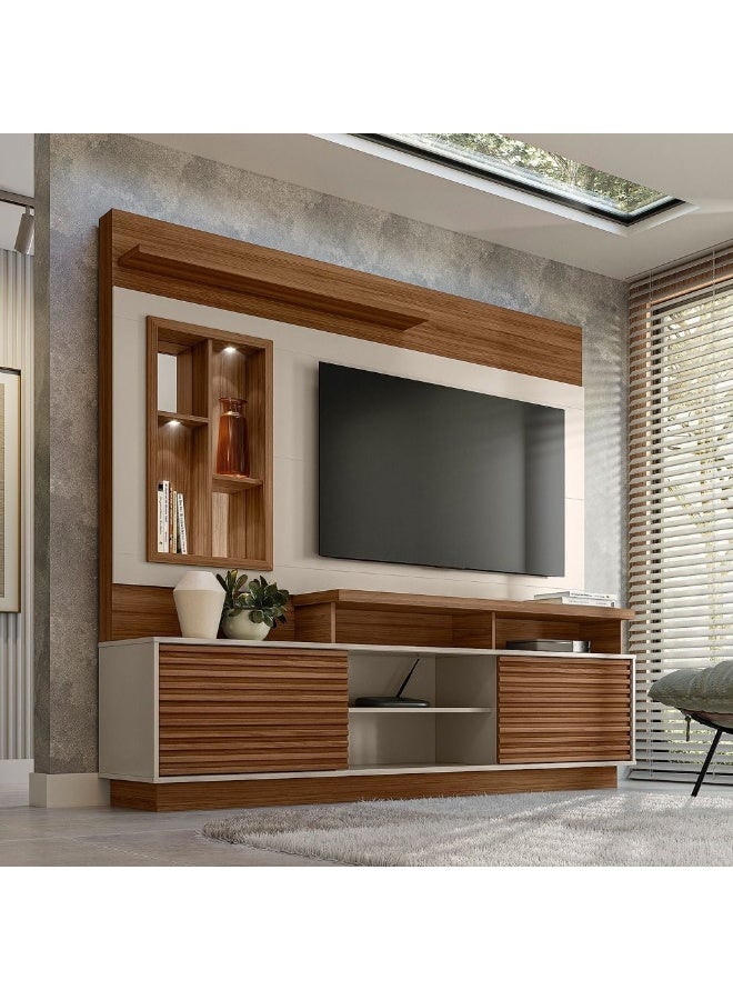 DANUBE HOME Eldorado Wall Unit for TV Up to 55 Inch - Stylish Brown/Off White Living Room Furniture, Engineered Wood Media Unit with 1 Door & 3 Shelves, Size: L200xW45xH181cm - Image 1