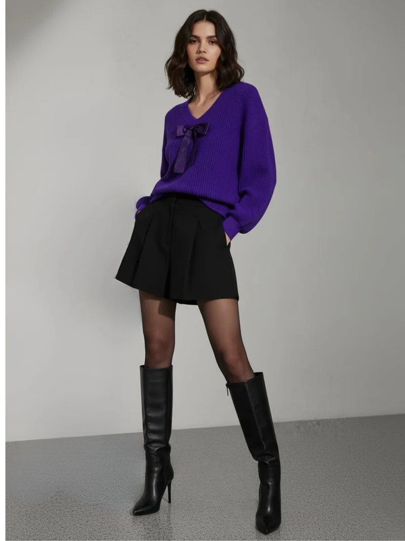 OUTZIDR Purple Full Sleeve V Neck Front Bow Sweater