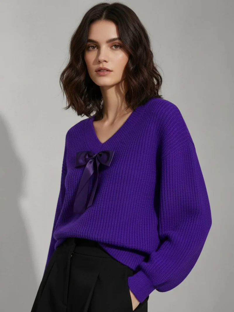 OUTZIDR Purple Full Sleeve V Neck Front Bow Sweater