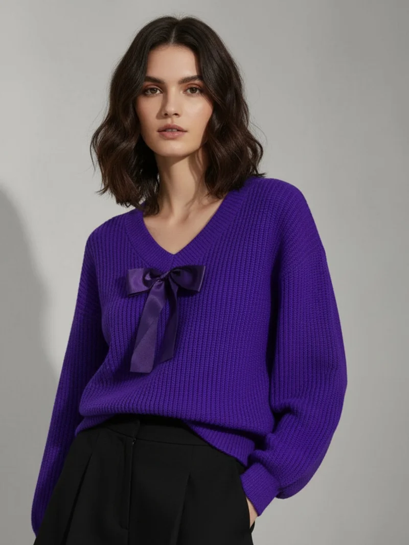 Outzidr  Purple Full Sleeve V Neck Front Bow Sweater  | Best Price UAE