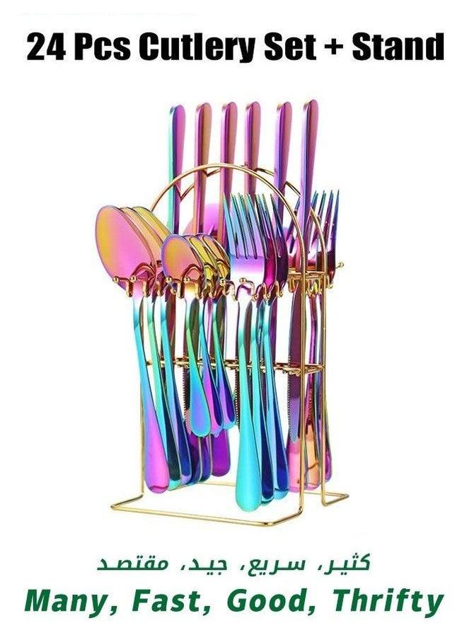 Halamodo 24 PCS Modern Rainbow Stainless Steel Iridescent Cutlery Set with A Hanging Bracket, Luxury Flatware Set Service,Forks Spoons Knives For Home Kitchen, Restaurant, Hotel - Image 1