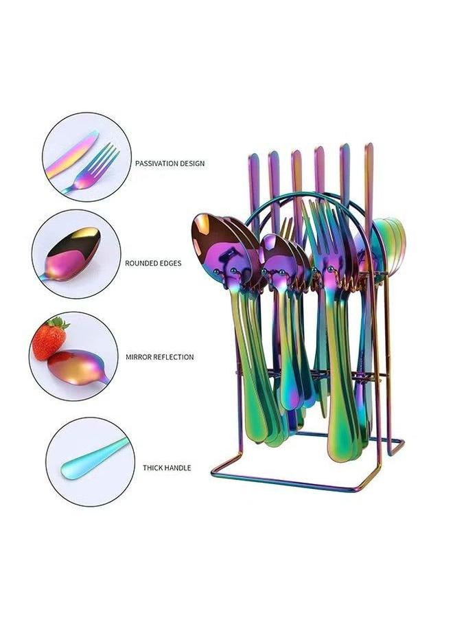 Halamodo 24 PCS Modern Rainbow Stainless Steel Iridescent Cutlery Set with A Hanging Bracket, Luxury Flatware Set Service,Forks Spoons Knives For Home Kitchen, Restaurant, Hotel - Image 2