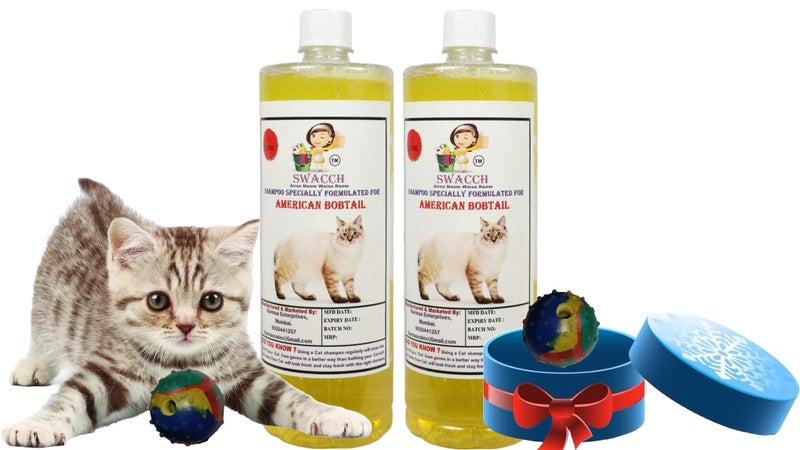 swacch American Bobtail Cat Shampoo + Rubber Musical Ball I Chew Playing Rubber Ball I Interactive Cat Toy Balls I Training & Play I Combo Pack I 1 Litre Pack of 2 Lemon - Image 1