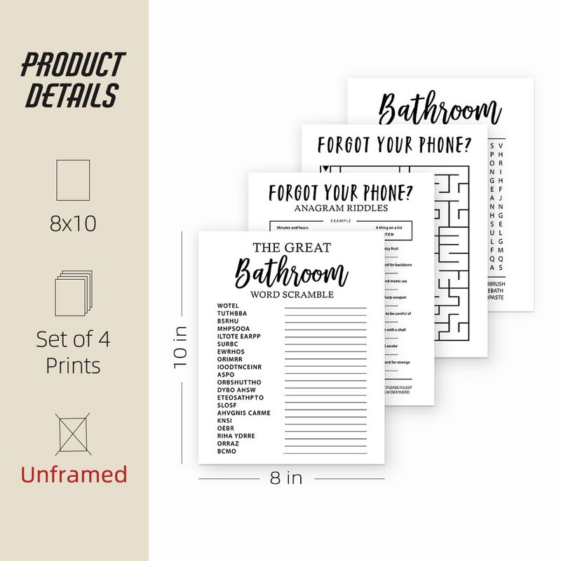 ETVISO Funny Bathroom Decor Wall Art Set of 4, Funny Crossword Puzzle Wall Art, Funny Forget Your Phone, Bathroom Word Search Wall Decor, 8x10 (Unframed) - Image 5