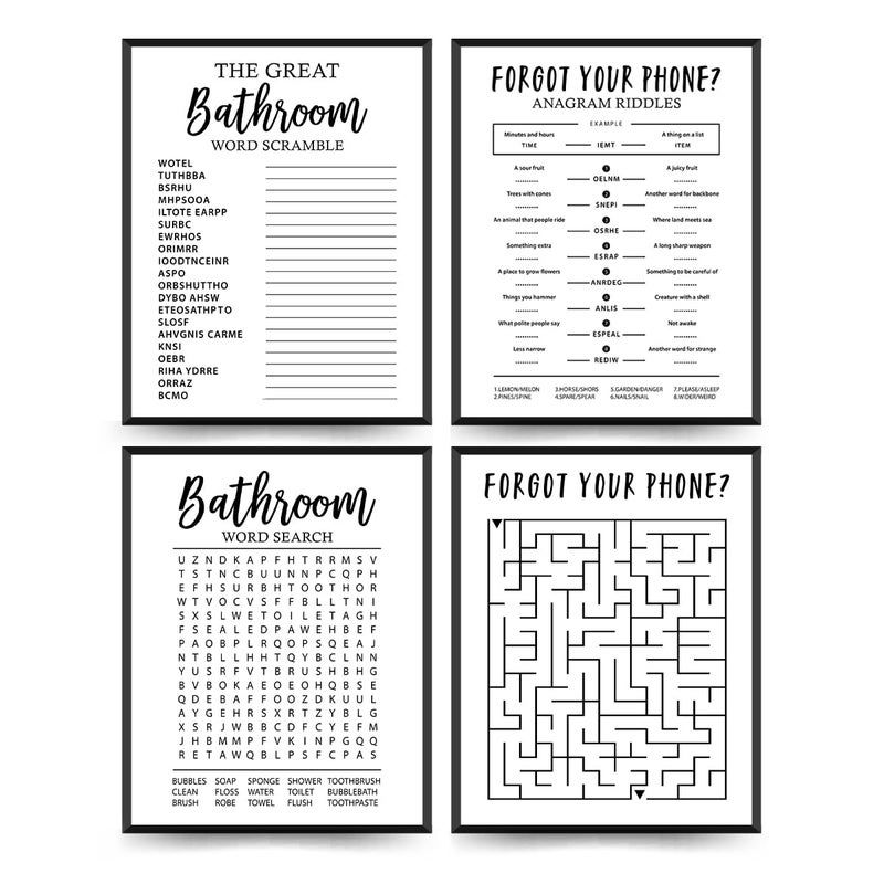 ETVISO Funny Bathroom Decor Wall Art Set of 4, Funny Crossword Puzzle Wall Art, Funny Forget Your Phone, Bathroom Word Search Wall Decor, 8x10 (Unframed) - Image 1