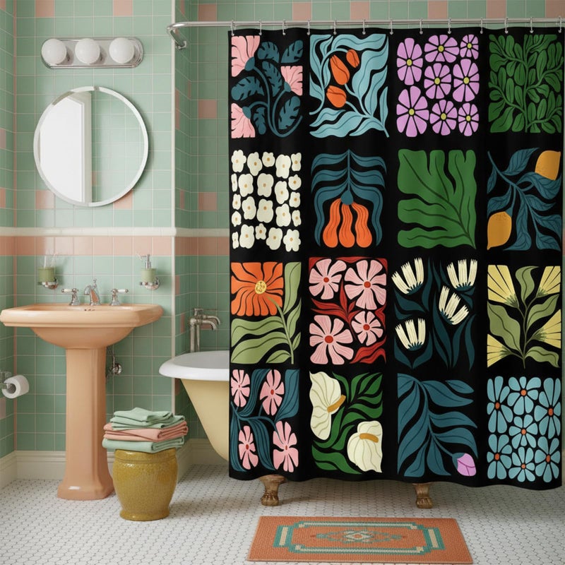 JAWO Retro Shower Curtain Vintage Abstract Cute Boho Floral Shower Curtains for Bathroom Decor Black Blue Botanical Geometric Groovy Aesthetic Pattern Shower Curtain Sets with Hooks, 70X70IN - Image 4