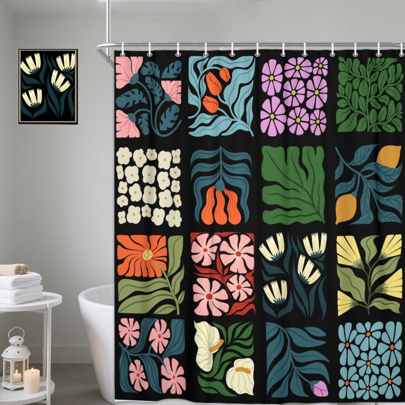 JAWO Retro Shower Curtain Vintage Abstract Cute Boho Floral Shower Curtains for Bathroom Decor Black Blue Botanical Geometric Groovy Aesthetic Pattern Shower Curtain Sets with Hooks, 70X70IN - Image 5