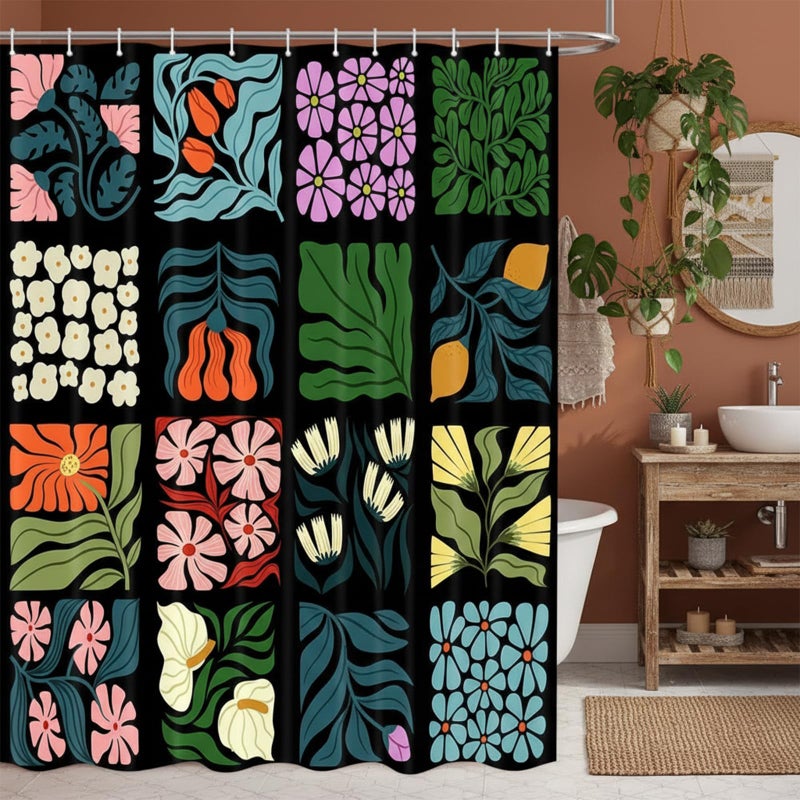 JAWO Retro Shower Curtain Vintage Abstract Cute Boho Floral Shower Curtains for Bathroom Decor Black Blue Botanical Geometric Groovy Aesthetic Pattern Shower Curtain Sets with Hooks, 70X70IN - Image 2