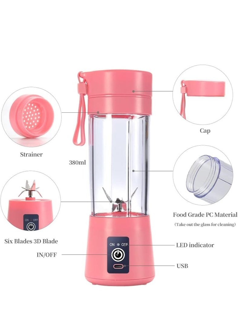 ELTRAZONE Portable Blender Cup,Electric USB Juicer Blender,Mini Blender Portable Blender For Shakes and Smoothies, juice,380ml, Six Blades Great for Mixing (Pink)  - Image 2