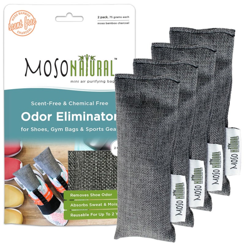 MOSO NATURAL Air Purifying Bag Shoe Deodorizer Odor Eliminator For Gym Bags Sneakers And Sports Gear Charcoal Color 75gm2 2 per Pack 4 Total Long Lasting Charcoal Bags Lasts up to 2 years - Image 1