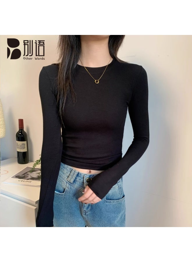 Bieyu Ribbed Shoulder Seam Fitted Long Sleeve T-shirt For Women Spring Autumn New Black XL