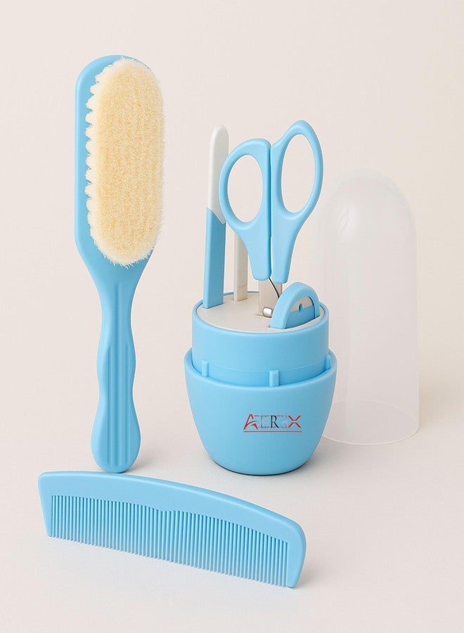 AEREX Baby Grooming Kit 5 in 1 – Newborn & Infant Care Set with Comb, Soft Brush, Baby Nail Clipper, Scissors & Storage Case – Baby Essentials for Daily Grooming (Blue) - Image 1