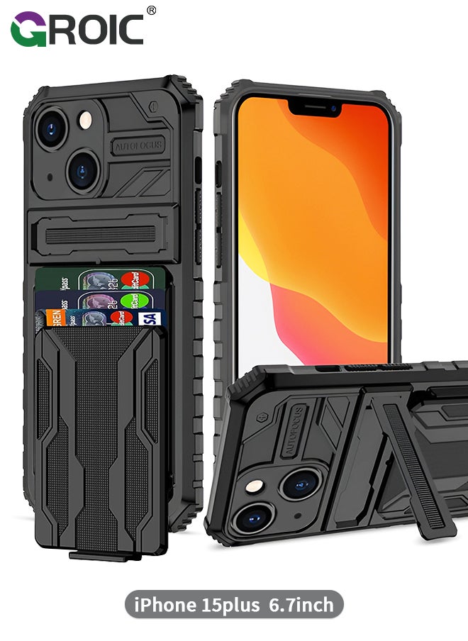 GROIC - Compatible with iPhone 15 Plus Black Case with Wallet Card Holder, Built-in Stand & Screen Protectors, Full Body Shockproof Protection Phone Case for iPhone 15 Plus - Image 1