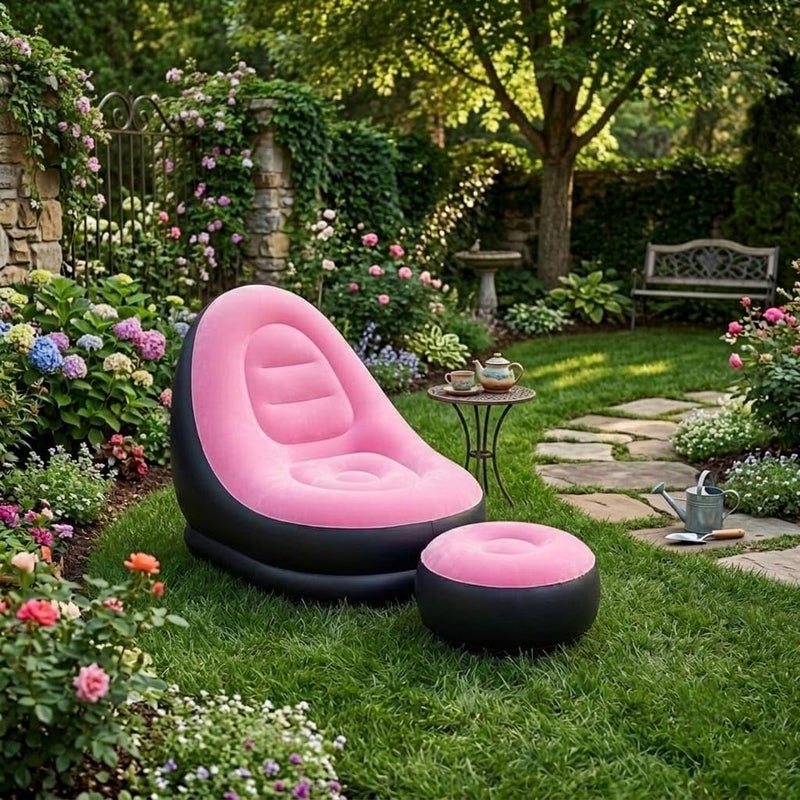 Inflatable Lounge Chair Set with Footrest 2 Pieces, Comfortable Plush Air Sofa for Living Room, Garden, Pool, Lightweight and Waterproof - Multicolor (With Blower Gift) (Rose) - Image 2