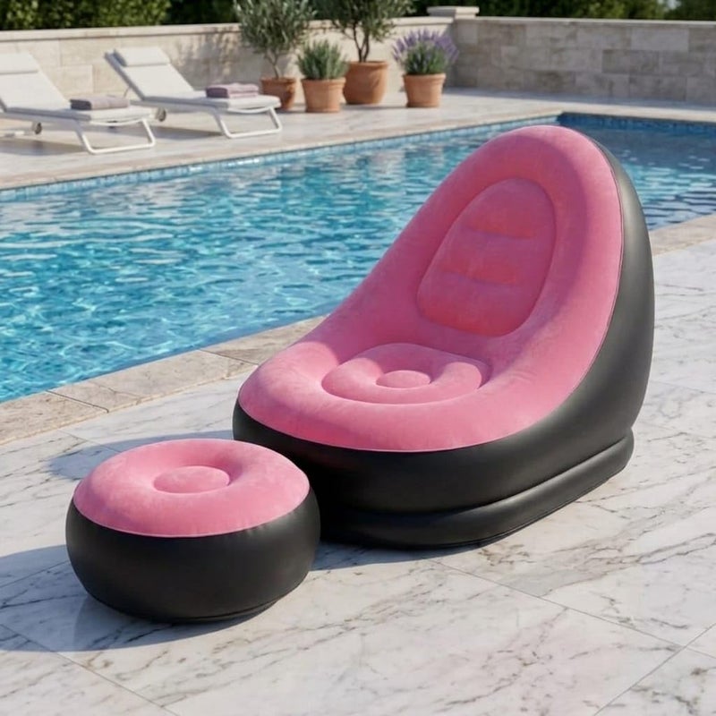 Inflatable Lounge Chair Set with Footrest 2 Pieces, Comfortable Plush Air Sofa for Living Room, Garden, Pool, Lightweight and Waterproof - Multicolor (With Blower Gift) (Rose) - Image 3