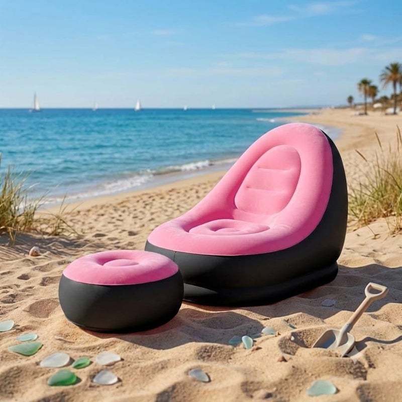 Inflatable Lounge Chair Set with Footrest 2 Pieces, Comfortable Plush Air Sofa for Living Room, Garden, Pool, Lightweight and Waterproof - Multicolor (With Blower Gift) (Rose) - Image 1