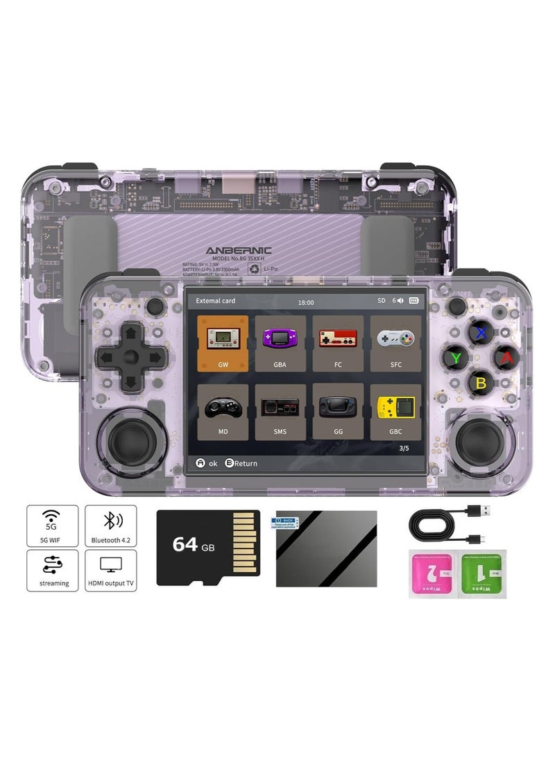 ANBERNIC  - RG35XX H Retro Handheld Game Console , 3.5 Inch IPS Screen Linux System Built-in 64G TF Card 5528 Games Support HDMI TV Output 5G WiFi Bluetooth 4.2 (Transparent Purple) - Image 1