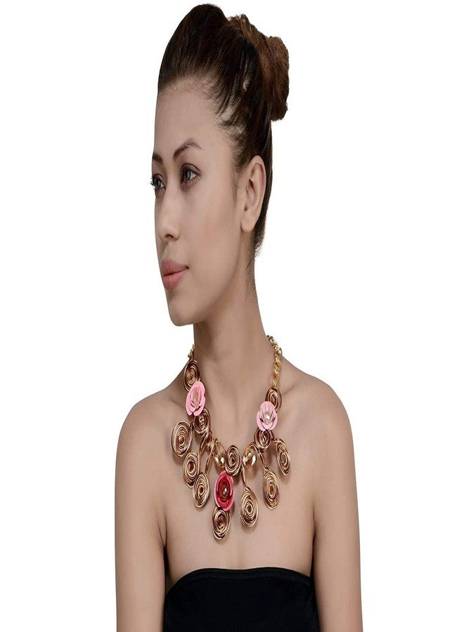 STRIPES® essentials Golden Metal Coil Design with Crystal Designer Pink Flowers Statement Bib Necklace Jewellery For Girls Western Necklace Gift For Women - Image 3