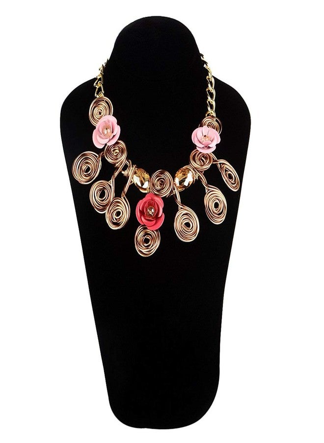 STRIPES® essentials Golden Metal Coil Design with Crystal Designer Pink Flowers Statement Bib Necklace Jewellery For Girls Western Necklace Gift For Women - Image 2