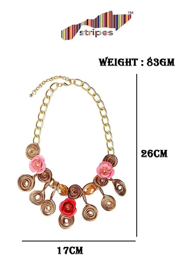 STRIPES® essentials Golden Metal Coil Design with Crystal Designer Pink Flowers Statement Bib Necklace Jewellery For Girls Western Necklace Gift For Women - Image 4