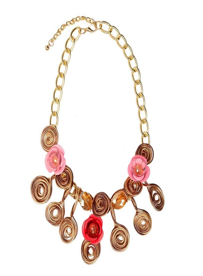 STRIPES® essentials Golden Metal Coil Design with Crystal Designer Pink Flowers Statement Bib Necklace Jewellery For Girls Western Necklace Gift For Women - Image 1
