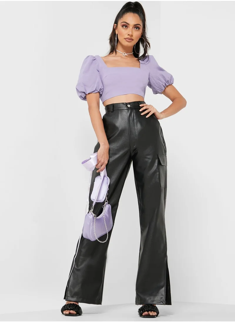 Missguided Puff Sleeve Tie Back Crop Top