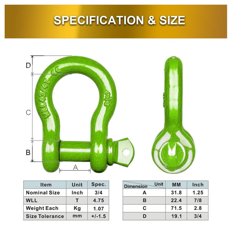 Acando Pack of 2 Green Powder Coated Heaveduty Trailer Shackles 3/4 Bow Shackle Rugged Steel Forged 4.74 Ton D Ring Anchor 28.5 Ton (57,000 lbs) Max Break Strength Off Road Shackles - Image 5
