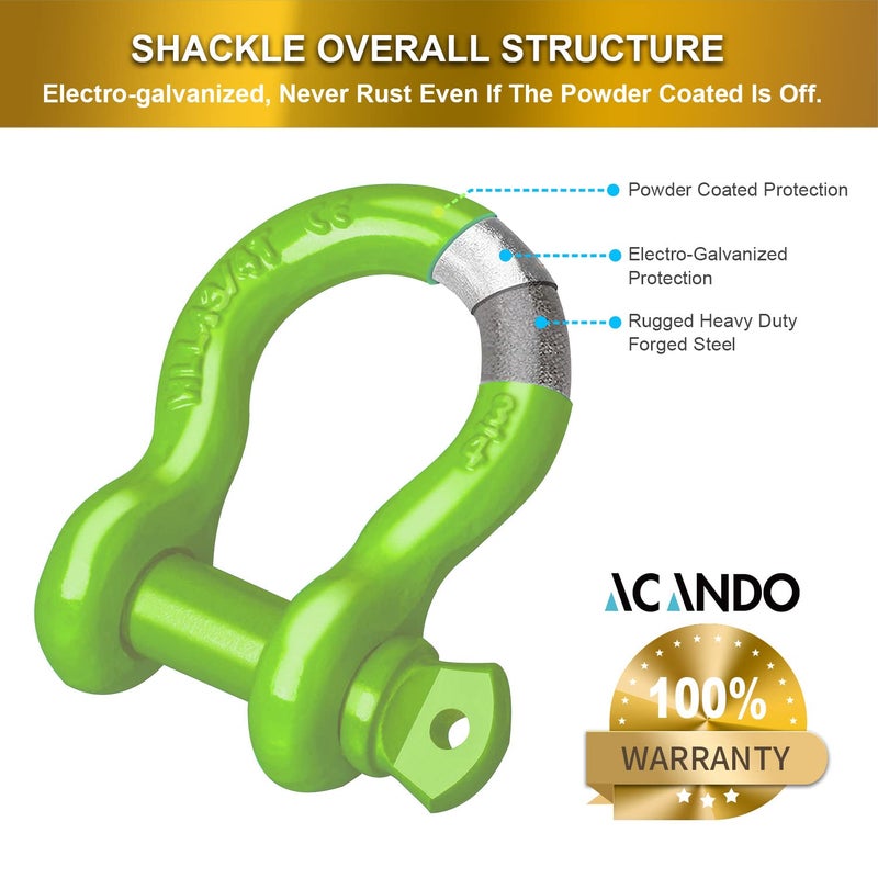Acando Pack of 2 Green Powder Coated Heaveduty Trailer Shackles 3/4 Bow Shackle Rugged Steel Forged 4.74 Ton D Ring Anchor 28.5 Ton (57,000 lbs) Max Break Strength Off Road Shackles - Image 3