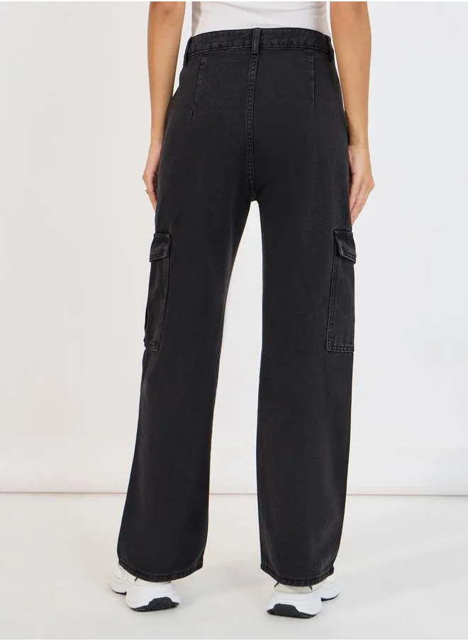 Styli High Rise Wide Leg Cargo Jeans