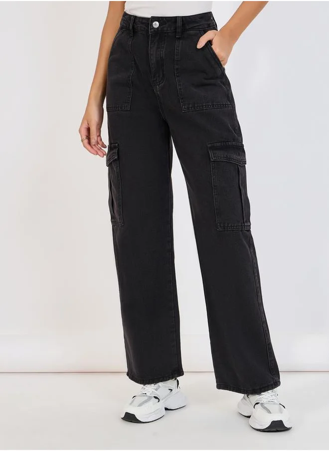 Styli High Rise Wide Leg Cargo Jeans