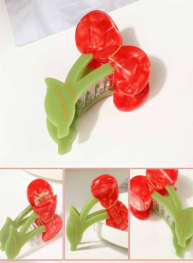 KuuGuu 2 PCS Cherry Hair Claw Clips Cute Cherry Hair Clip Stylish Fruit Barrettes Small Non-Slip Strong Jaw Clips Advanced Cellulose Acetate Headwear Elegant Unique Hair Accessories for Women Girls - Image 3