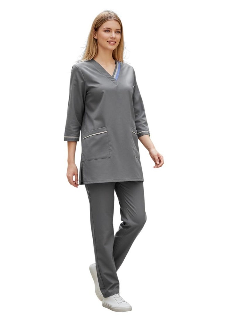 Dee's Fashion Professional Medical Scrubs Set for Women, V-Neck Uniform with Contrast Piping, 3/4 Sleeve Top and Pants for Healthcare Workers and Housemaids - Image 1