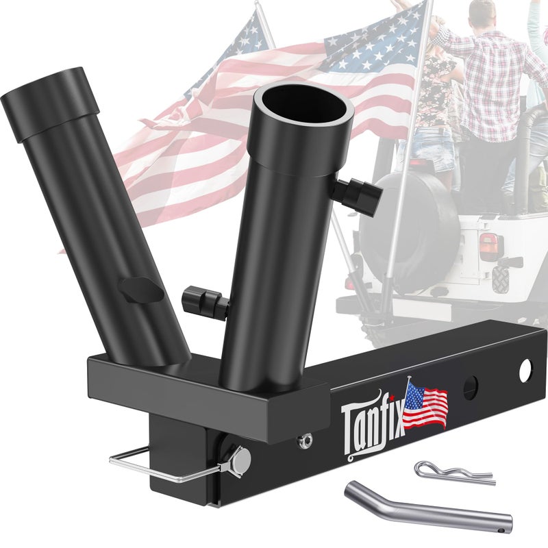 Tanfix Foldable Double Hitch Mount Flagpole Holder All Metal Heavy Duty Fits Standard 2 Trailer Hitch Compatible with Jeep Truck SUV RV Pickup Camper Trailer Double Flagpoles