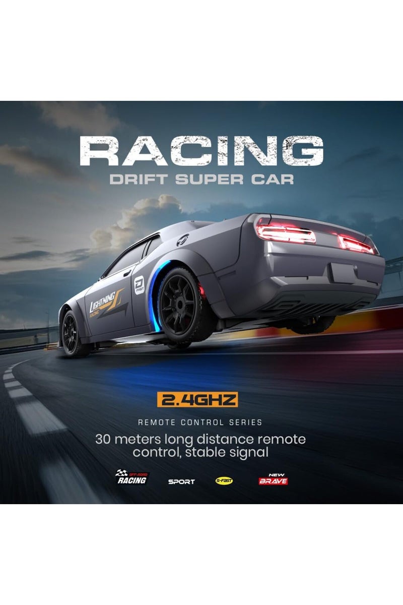 HAIZOL سيارة دريفت مصغرة من دودج تشارجر Lightning Racing بمقياس 1:43 – نظام تثبيت جيروسكوبي 4WD، جهاز تحكم عن بعد بتردد 2.4GHz، أضواء RGB LED، إطارات سباق ودريفت، أداء عالي السرعة - Image 2
