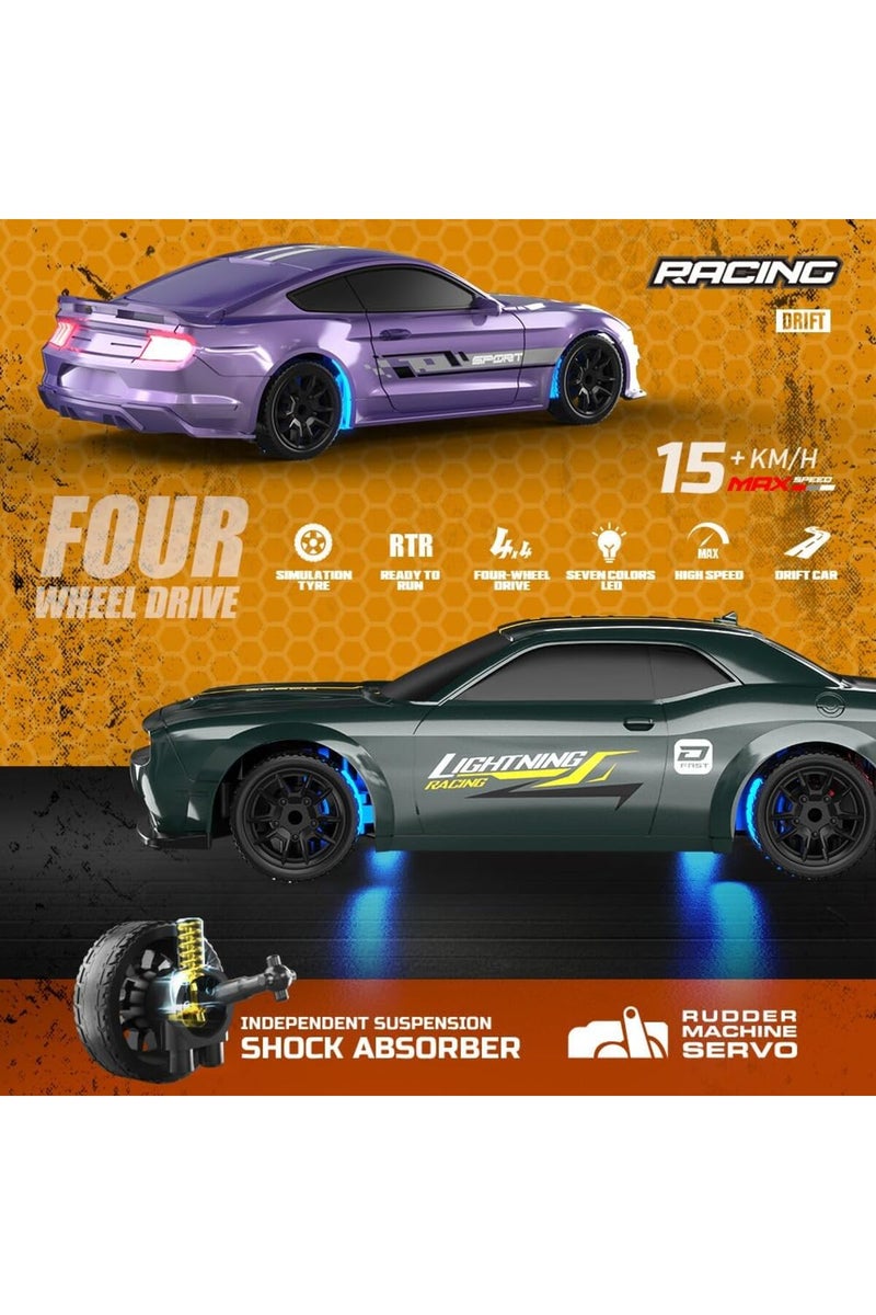HAIZOL سيارة دريفت مصغرة من دودج تشارجر Lightning Racing بمقياس 1:43 – نظام تثبيت جيروسكوبي 4WD، جهاز تحكم عن بعد بتردد 2.4GHz، أضواء RGB LED، إطارات سباق ودريفت، أداء عالي السرعة - Image 5