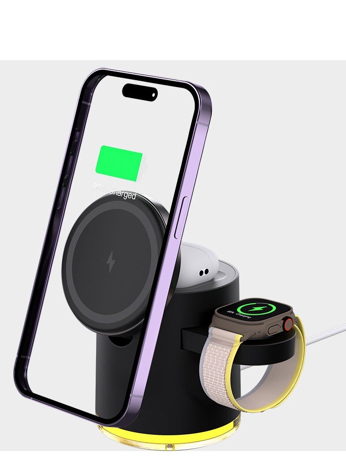 general Magnetic three in one wireless charger, foldable three in one wireless charger, suitable for mobile phone 15th generation charger (black upgraded version) - Image 1