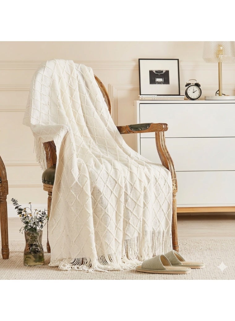 Tassel white Knitted Throw Blankets for Couch and Bed