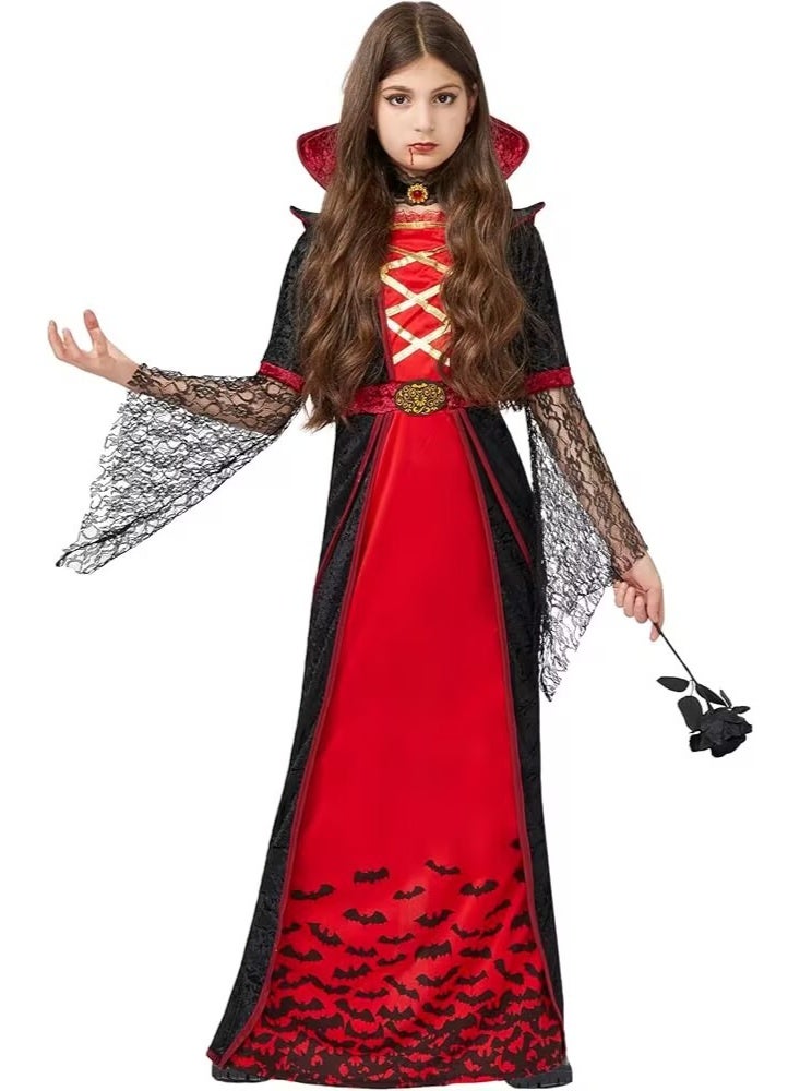 Halloween Costume for Kids, Girls Deluxe Vampire Witch Costume, Gothic Style Dress, Black and Red, Vintage Stand Neck with Lace Sleeves, for Halloween Party Fancy Dress Cosplay Outfit - Image 3