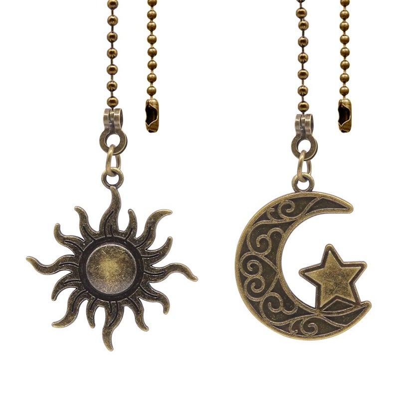 Dotlite Ceiling Fan Pull Chain Set Decorative Totem Bohemia Pull Chain Pendant Extension 12 Inches Lighting Fan Beaded Ball Fan Pull Chain Extender Ornament with Connector Moon and Sun Copper