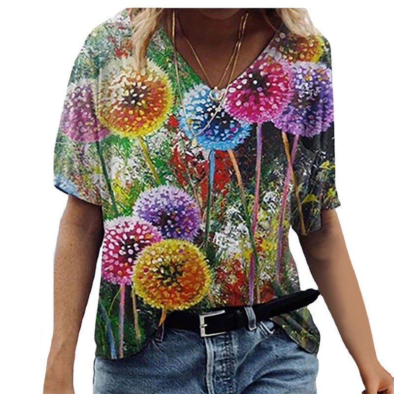 2021 New Pullover V-Neck Printed Street Short Sleeve Multi-Color Loose T-Shirt For Women - Image 1