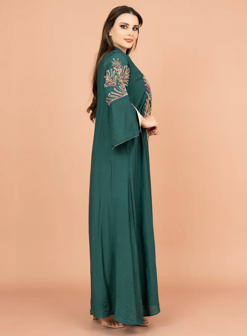 IKKXA Crystal-Embellished Embroidered Jalabiya IK4001 Green