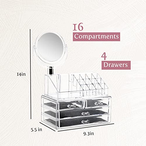 Masirs Clear Makeup Organizer with Mirror – 16-Compartment Cosmetic and Jewelry Holder, 4-Drawer Vanity Storage, Elegant Clear Design for Makeup and Accessories - Image 2