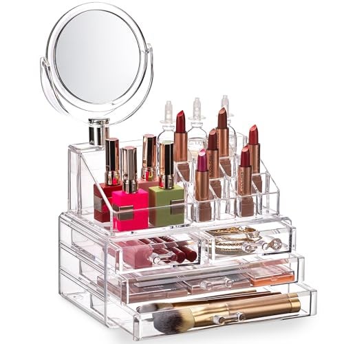 Masirs Clear Makeup Organizer with Mirror – 16-Compartment Cosmetic and Jewelry Holder, 4-Drawer Vanity Storage, Elegant Clear Design for Makeup and Accessories - Image 1