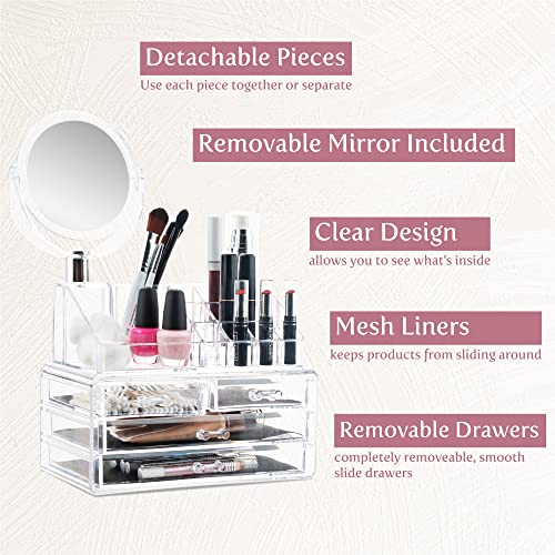Masirs Clear Makeup Organizer with Mirror – 16-Compartment Cosmetic and Jewelry Holder, 4-Drawer Vanity Storage, Elegant Clear Design for Makeup and Accessories - Image 3