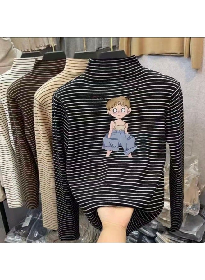 Boys And Girls' Thermal Base Layer Shirts, Spring And Autumn, Big Kids' Half-high Collar Long-sleeve T-shirts, Stylish Striped Warm Tops