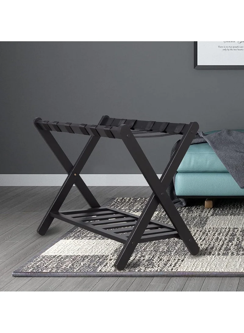 QUESERA Luggage Rack, Bamboo Folding Luggage Rack Suitcase Stand with Storage Shelf for Home Bedroom Guest Room - Black