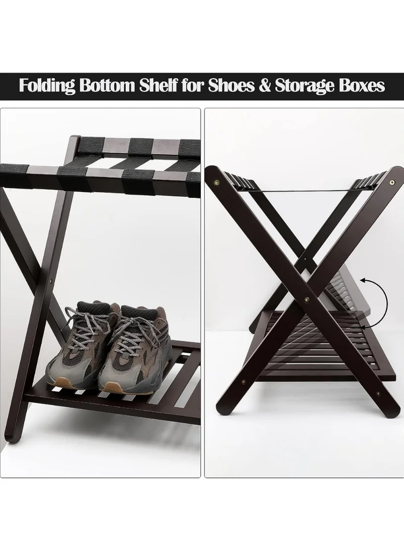 QUESERA Luggage Rack, Bamboo Folding Luggage Rack Suitcase Stand with Storage Shelf for Home Bedroom Guest Room - Black